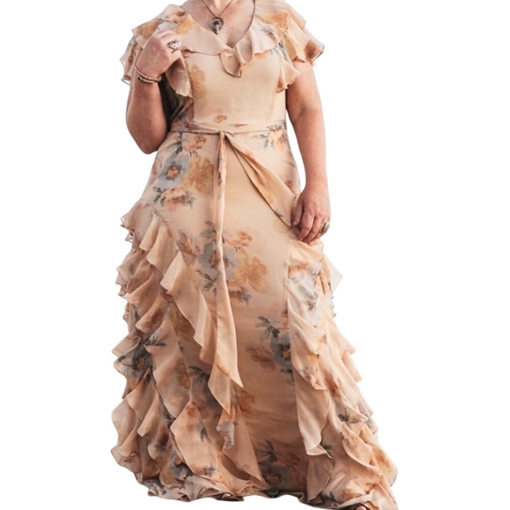 Ralph Lauren Lrl Floral Crinkled Georgette Gown Womens 18 Peach